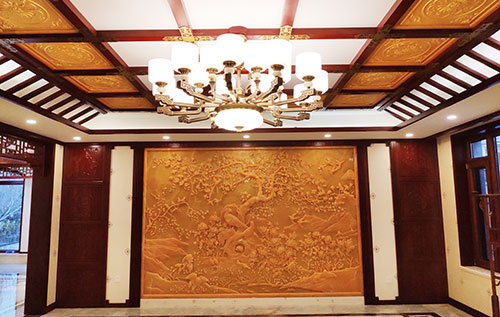 桐乡中式别墅客厅中式木作横梁吊顶装饰展示